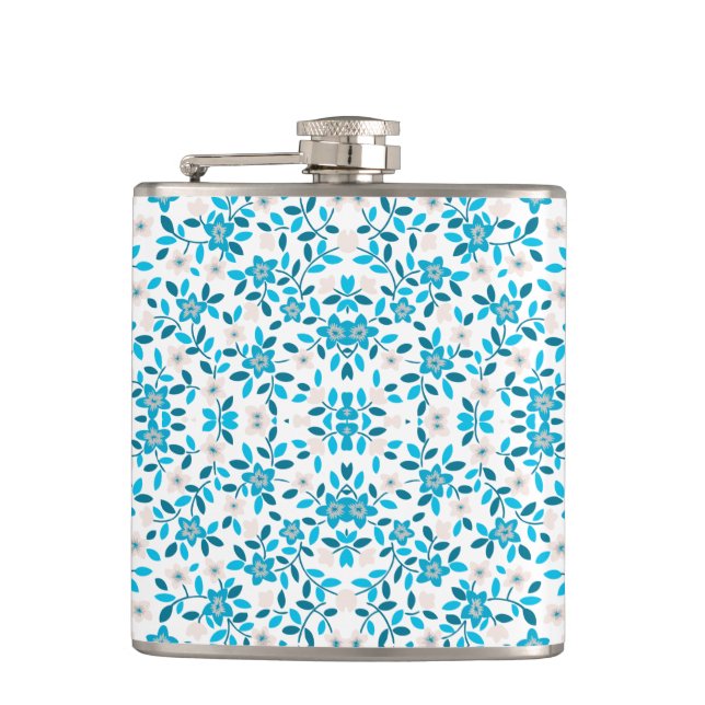 Cute white blue seamless spring flowers patterns hip flask (Front)