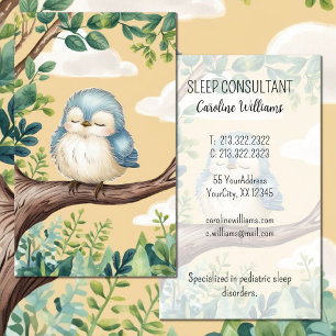 Cute White Blue Sleeping Bird on Branch watercolor Business Card