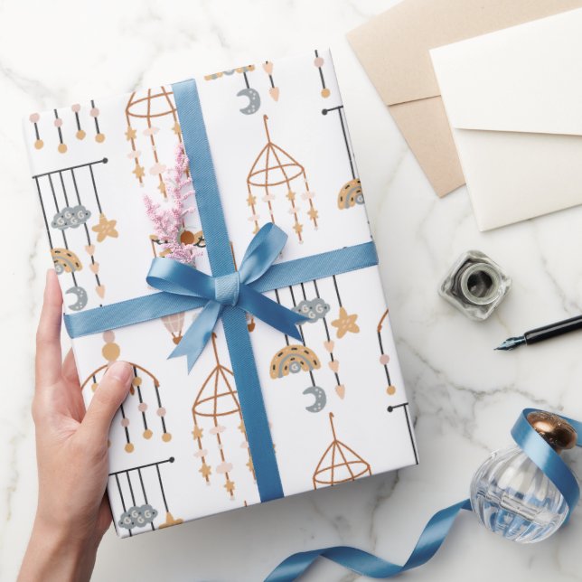 Cute White Boho Toy Pattern Illustration  Wrapping Paper (Gifting)