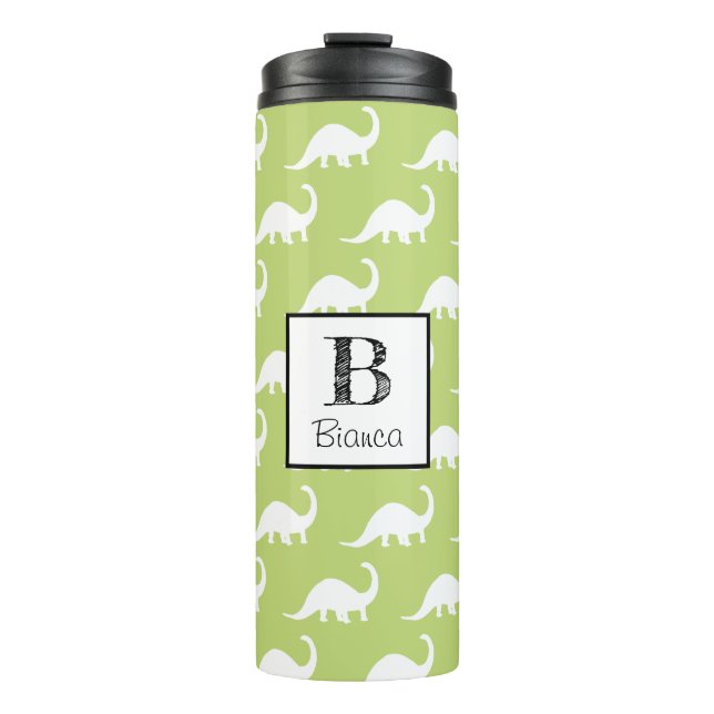 Cute White Brontosaurus Dinosaur Personalised Thermal Tumbler (Front)