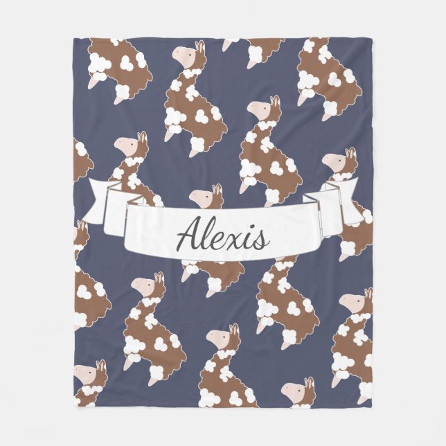 Cute White & Brown Spotted Llamas Custom Name Fleece Blanket (Front)