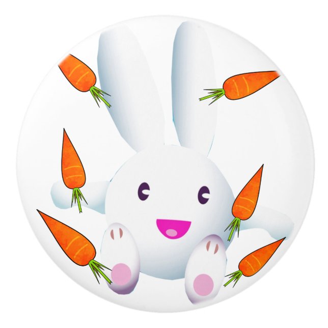 Cute White Bunny & Carrots Ceramic Knob (Front)