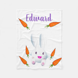 Cute White Bunny & Carrots Fleece Blanket