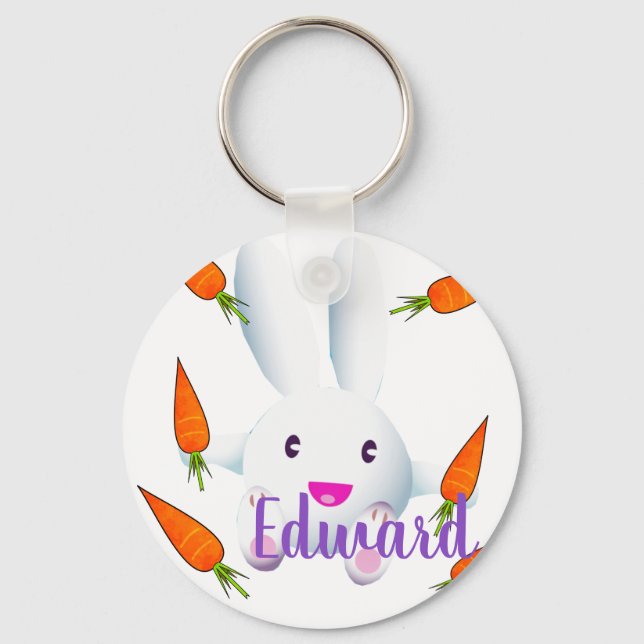 Cute White Bunny & Carrots Key Ring (Front)