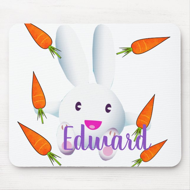Cute White Bunny & Carrots Mouse Pad (Front)