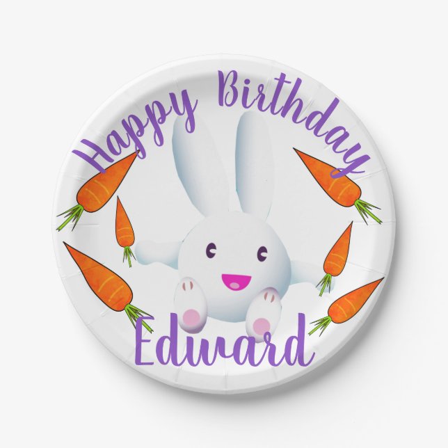 Cute White Bunny & Carrots Paper Plate (Front)