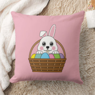 Cute White Bunny Colourful Easter Egg Hunt Basket Cushion