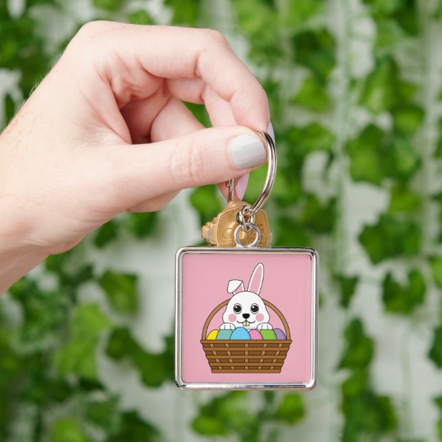 Cute White Bunny Colourful Easter Egg Hunt Basket Key Ring (Hand)