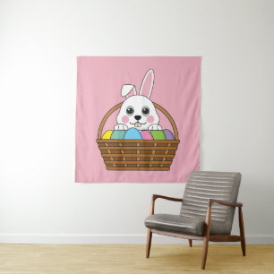 Cute White Bunny Colourful Easter Egg Hunt Basket Tapestry