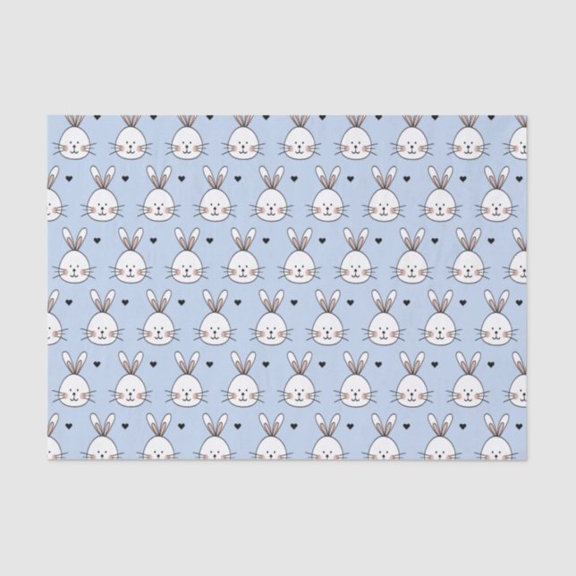 Cute White Bunny Faces and Hearts Pattern Blue Tissue Paper (Front)