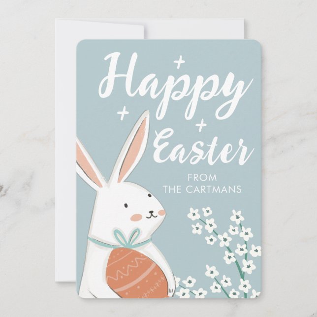 Cute White Bunny Flowers Easter  Holiday Card (Front)