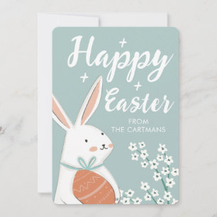 Cute White Bunny Flowers Easter Holiday Card
