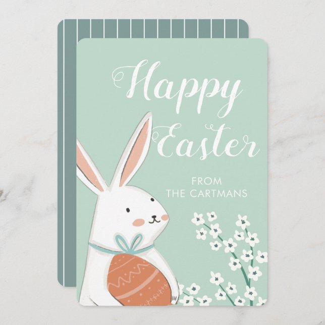 Cute White Bunny Flowers Happy Easter  Holiday Card (Front/Back)