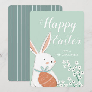 Cute White Bunny Flowers Happy Easter  Holiday Card