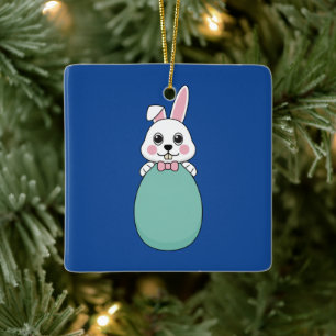 Cute White Bunny Holding Easter Egg Ceramic Ornament