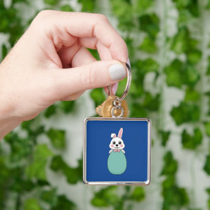 Cute White Bunny Holding Easter Egg Key Ring
