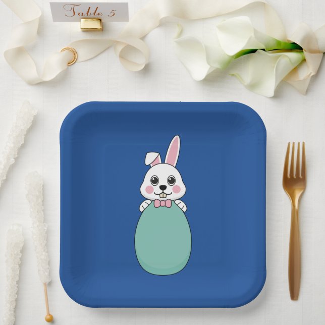 Cute White Bunny Holding Easter Egg Paper Plate (Wedding)