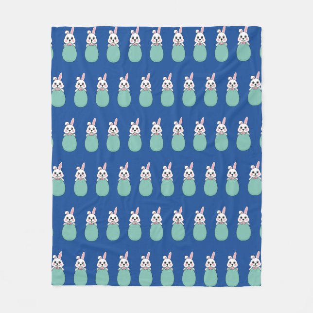 Cute White Bunny Holding Easter Egg Pattern Fleece Blanket (Front)
