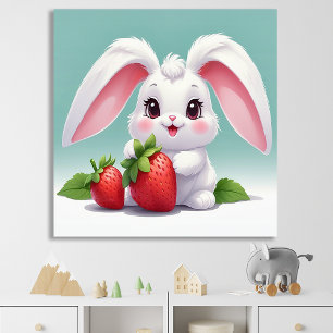 Cute White Bunny Holding Strawberries Poster