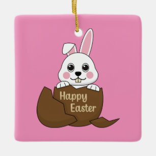Cute White Bunny in Chocolate Egg Happy Easter Ceramic Ornament