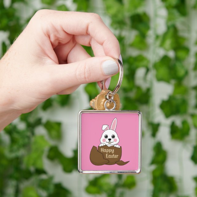 Cute White Bunny in Chocolate Egg Happy Easter Key Ring (Hand)