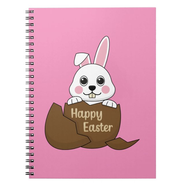 Cute White Bunny in Chocolate Egg Happy Easter Notebook (Front)