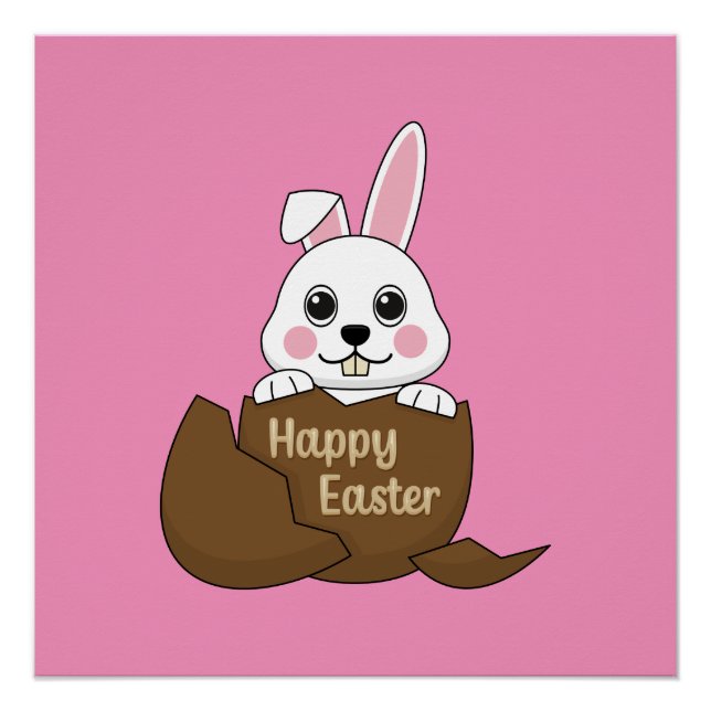Cute White Bunny in Chocolate Egg Happy Easter Poster (Front)