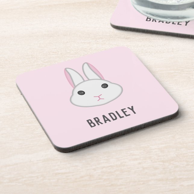 Cute white bunny on pink coaster (Left Side)