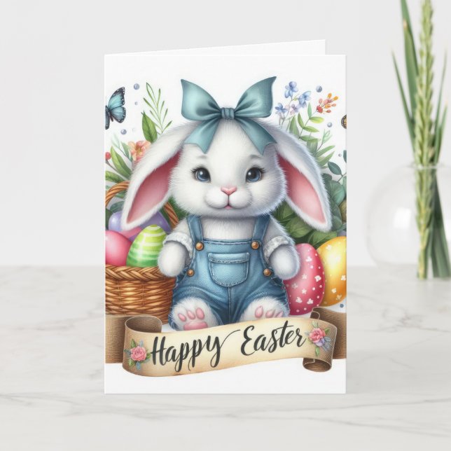 Cute White Bunny Overalls Illustration Easter Holiday Card (Front)
