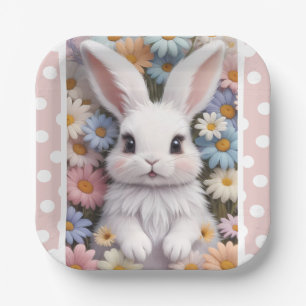 Cute White Bunny Pastel Daisy Flowers Paper Plate
