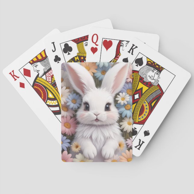 Cute White Bunny Pastel Daisy Flowers Playing Cards (Back)