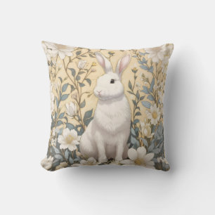 Cute White Bunny Pastel Yellow Floral  Cushion