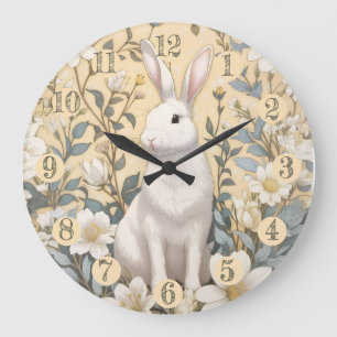 Cute White Bunny Pastel Yellow Floral Large Clock