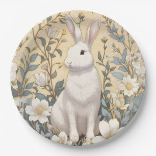 Cute White Bunny Pastel Yellow Floral  Paper Plate