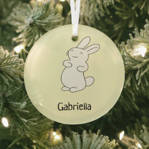 Cute white bunny personalised name yellow glass tree decoration