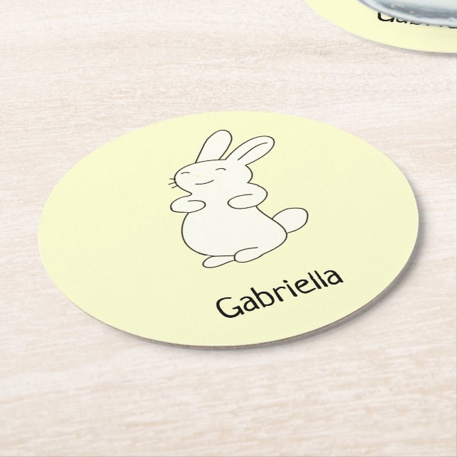 Cute white bunny personalised name yellow round paper coaster (Angled)