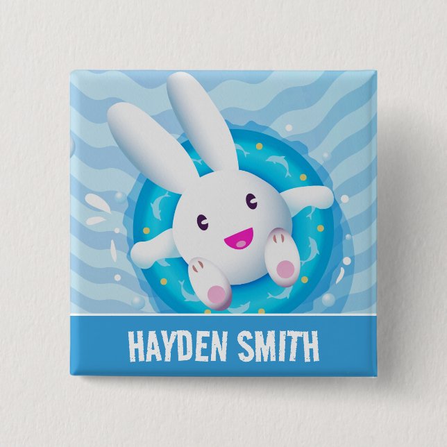 Cute White Bunny Pool Party Personalised 15 Cm Square Badge (Front)