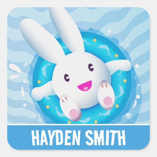 Cute White Bunny Pool Party Personalised Square Sticker (Front)