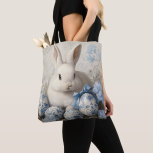 CUTE WHITE BUNNY RABBIT AND BLUE EASTER EGGS TOTE BAG