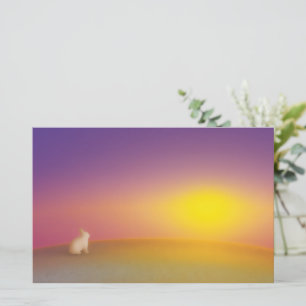 Cute White Bunny Rabbit on Grassy Hill at Sunrise