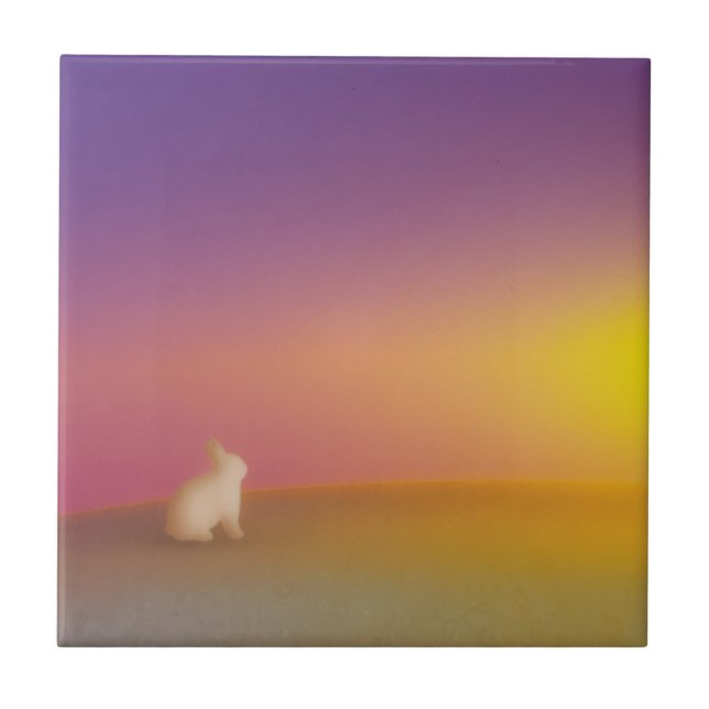 Cute White Bunny Rabbit on Grassy Hill at Sunrise Ceramic Tile (Front)