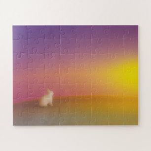 Cute White Bunny Rabbit on Grassy Hill at Sunrise Jigsaw Puzzle