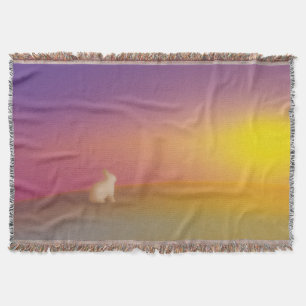 Cute White Bunny Rabbit on Grassy Hill at Sunrise Throw Blanket
