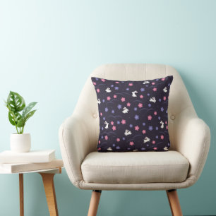 Cute White Bunny Rabbits and Flowers Pattern Cushion