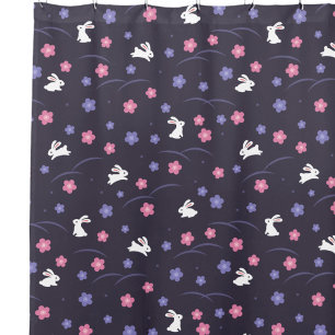 Cute White Bunny Rabbits and Flowers Pattern Shower Curtain