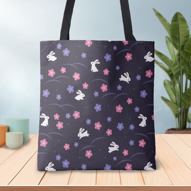 Cute White Bunny Rabbits and Flowers Pattern Tote Bag (Creator Uploaded)