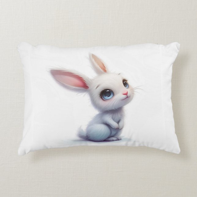 Cute White Bunny with Big Blue Eyes Decorative Cushion (Front)