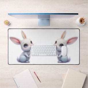 Cute White Bunny with Big Blue Eyes Desk Mat