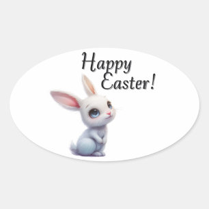 Cute White Bunny with Big Blue Eyes Happy Easter Oval Sticker