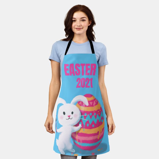 Cute white bunny with colourful painted Easter egg Apron (Worn)